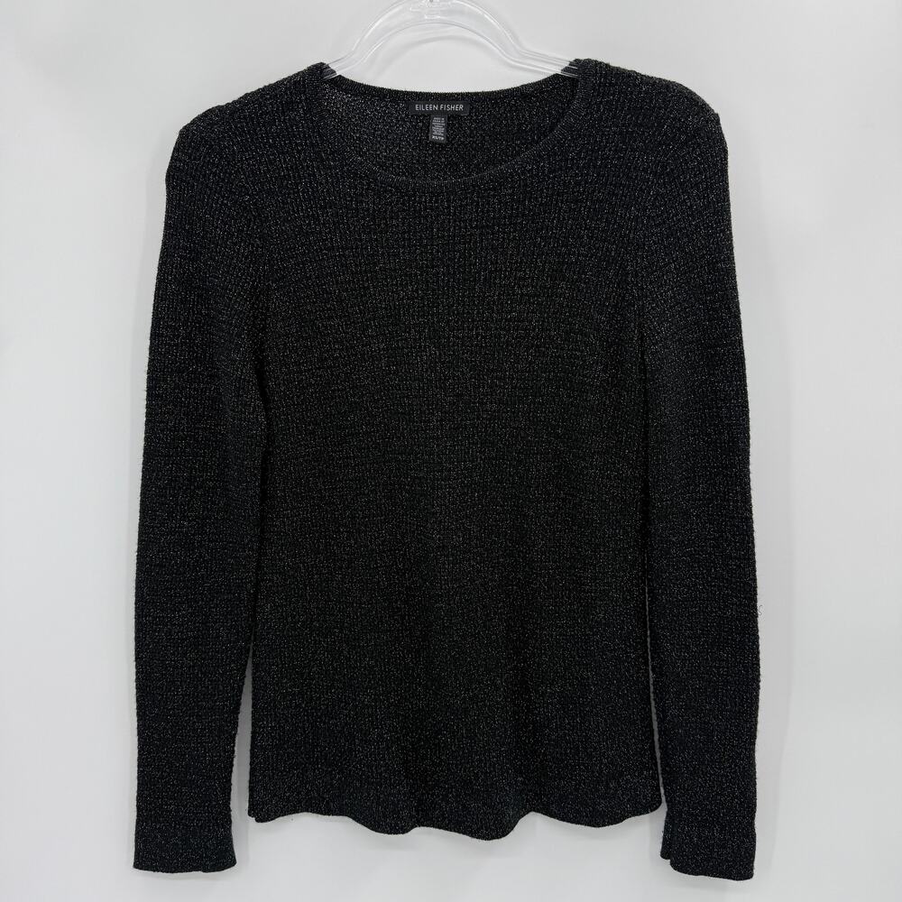 EILEEN FISHER Knit Metallic Thread Size XS Black Pullover Wool Blend Sweater